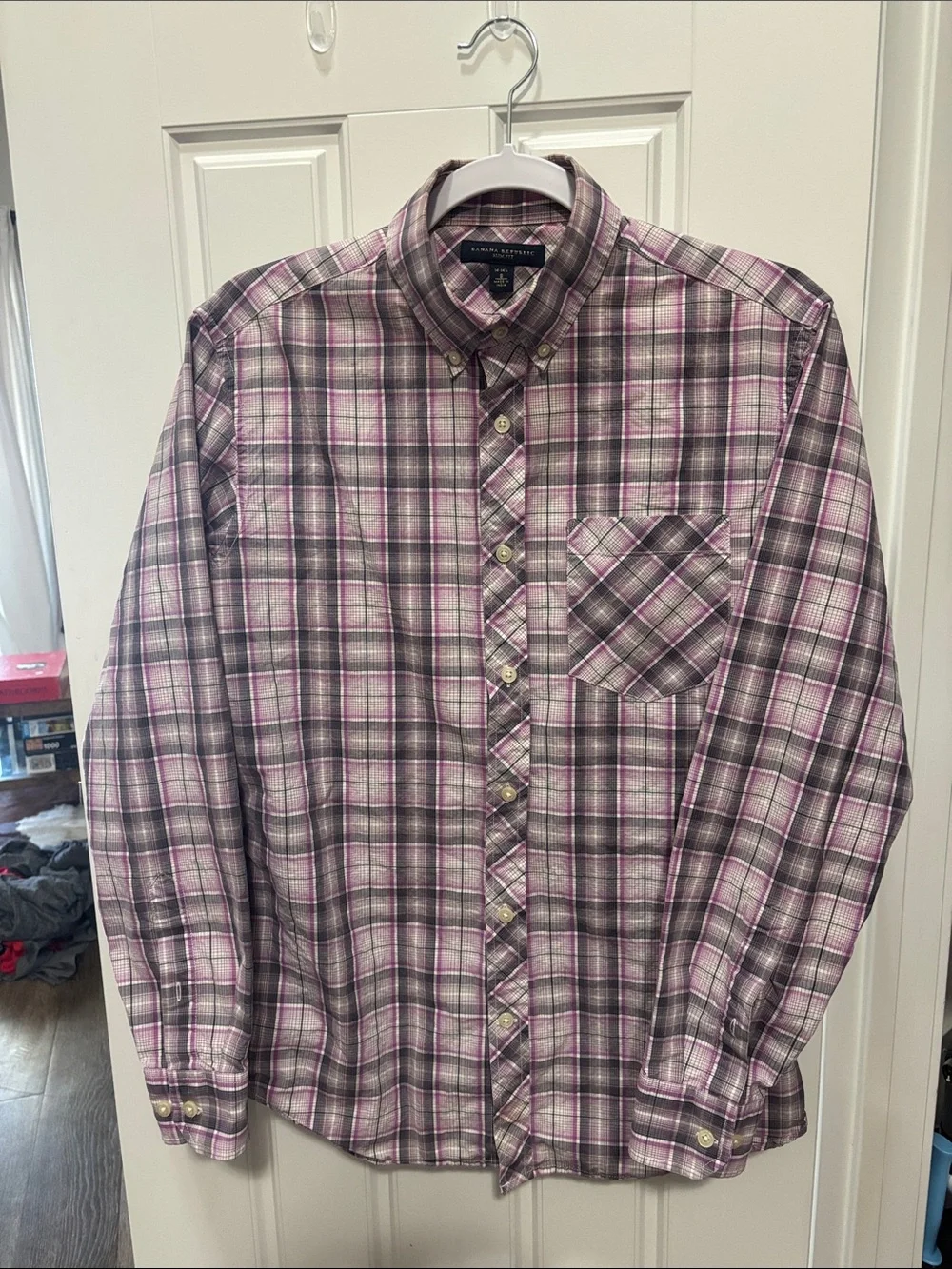 Banana Republic Slim Fit Men's Purple Plaid Button-Down Shirt